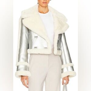 EAVES Elijah Faux Fur Cropped Jacket in Silver & Ivory size S